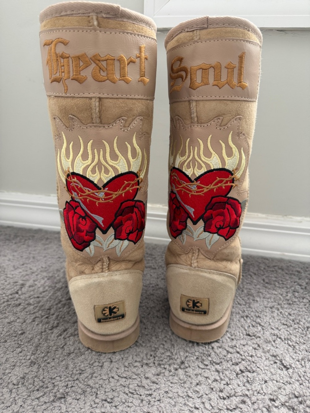Koolaburra Beige Suede Mid-Calf Boots with Red Embroidery